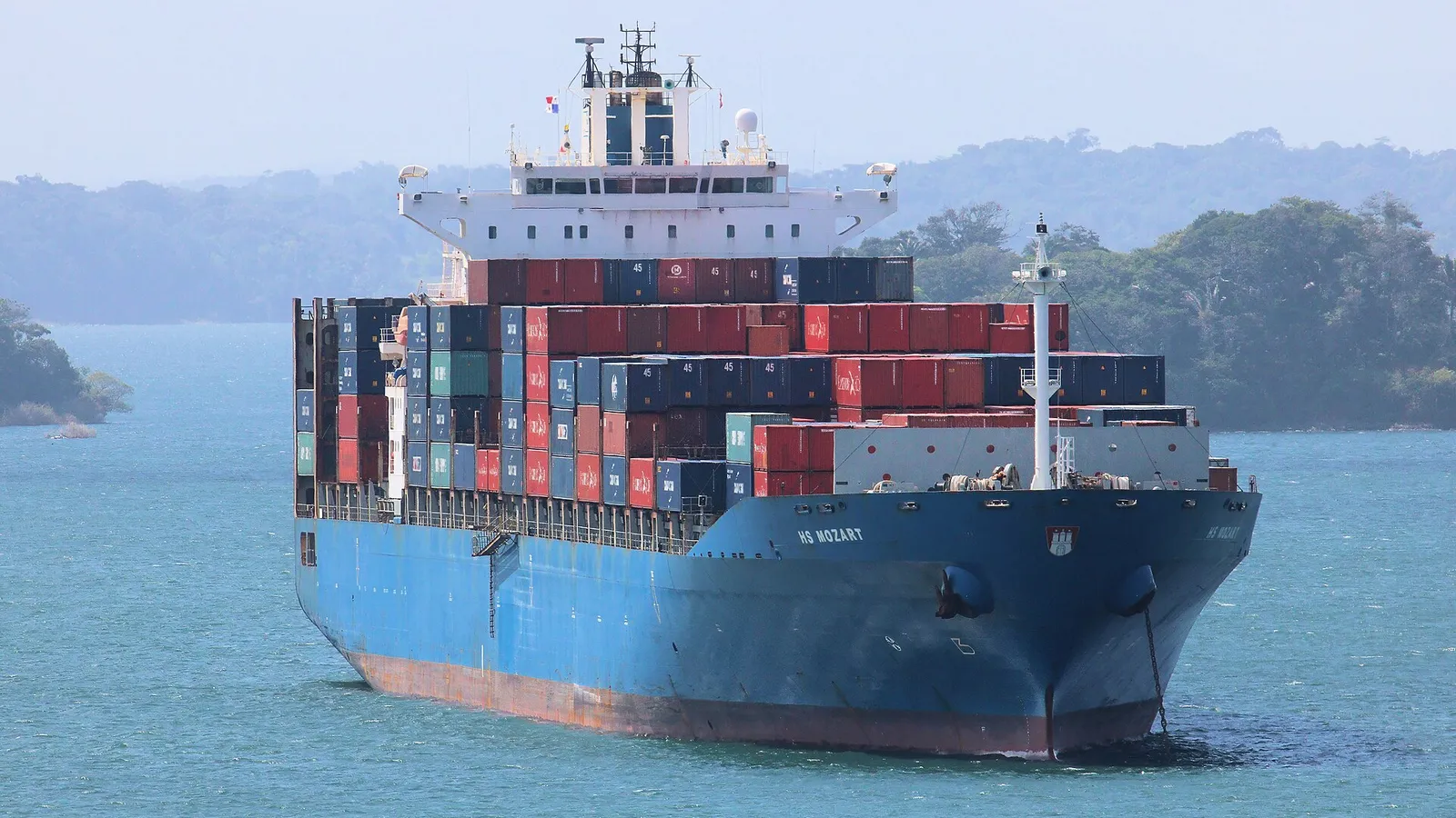 A container vessel crossing Gatun Lake on the Panama Canal
